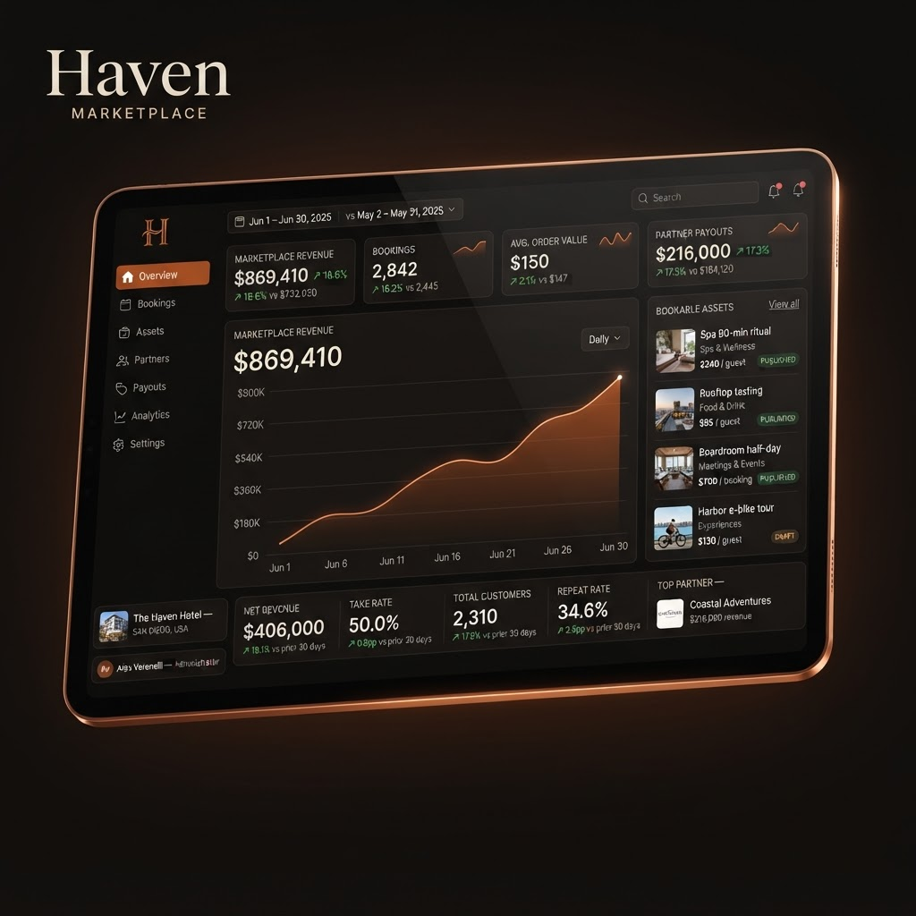 DestinationCommerce marketplace revenue dashboard showing bookings, payouts, and bookable assets