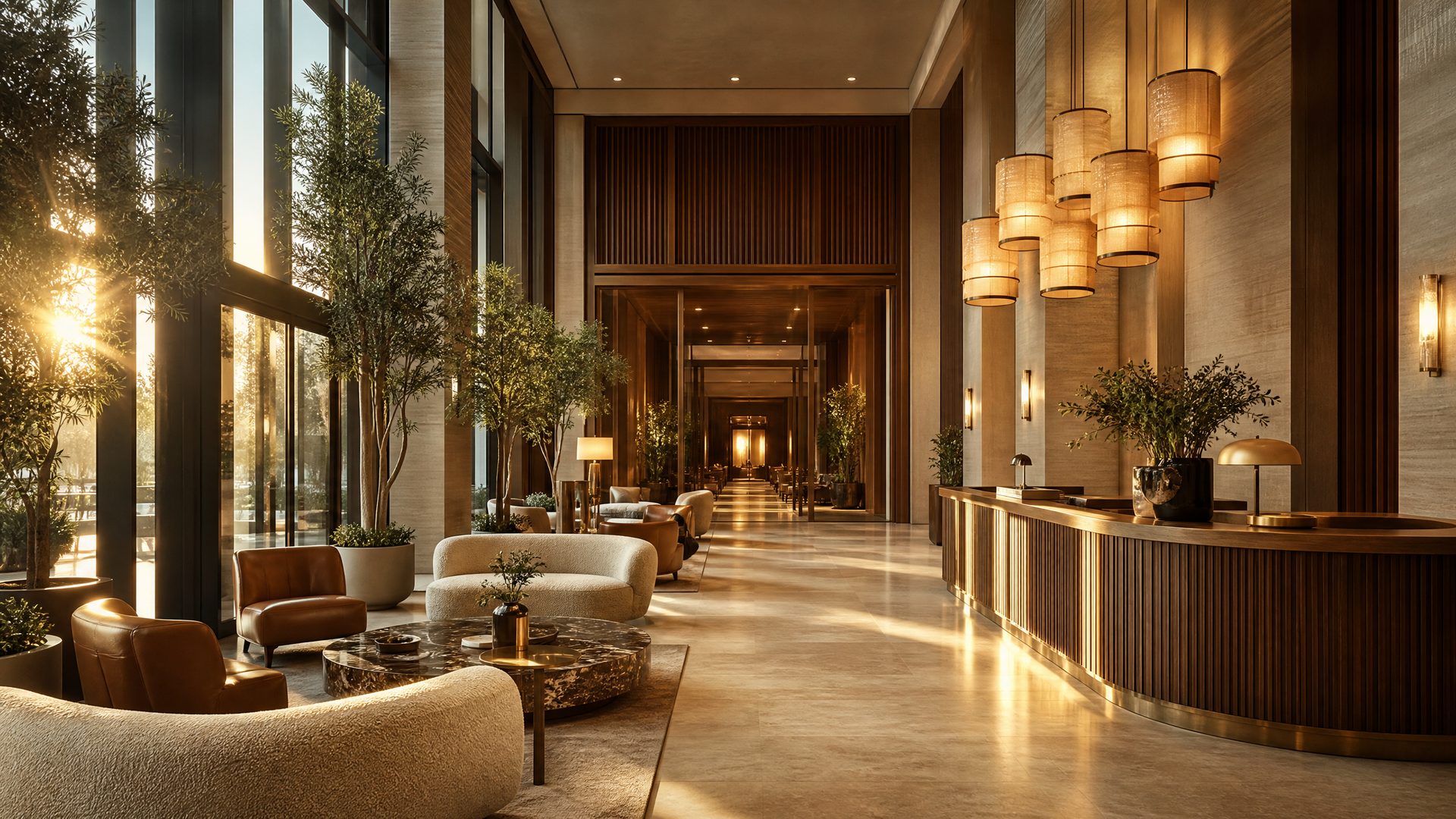 Double-height golden-hour hotel lobby — every square meter is inventory